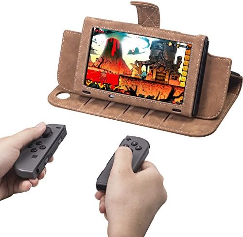 Kaci Leather Case for Nintendo Switch - Premium PU Leather Slim Fit Play Stand Cover for Nintendo Switch 2017,Wrist Strap Attached for Easy Carrying,Brown