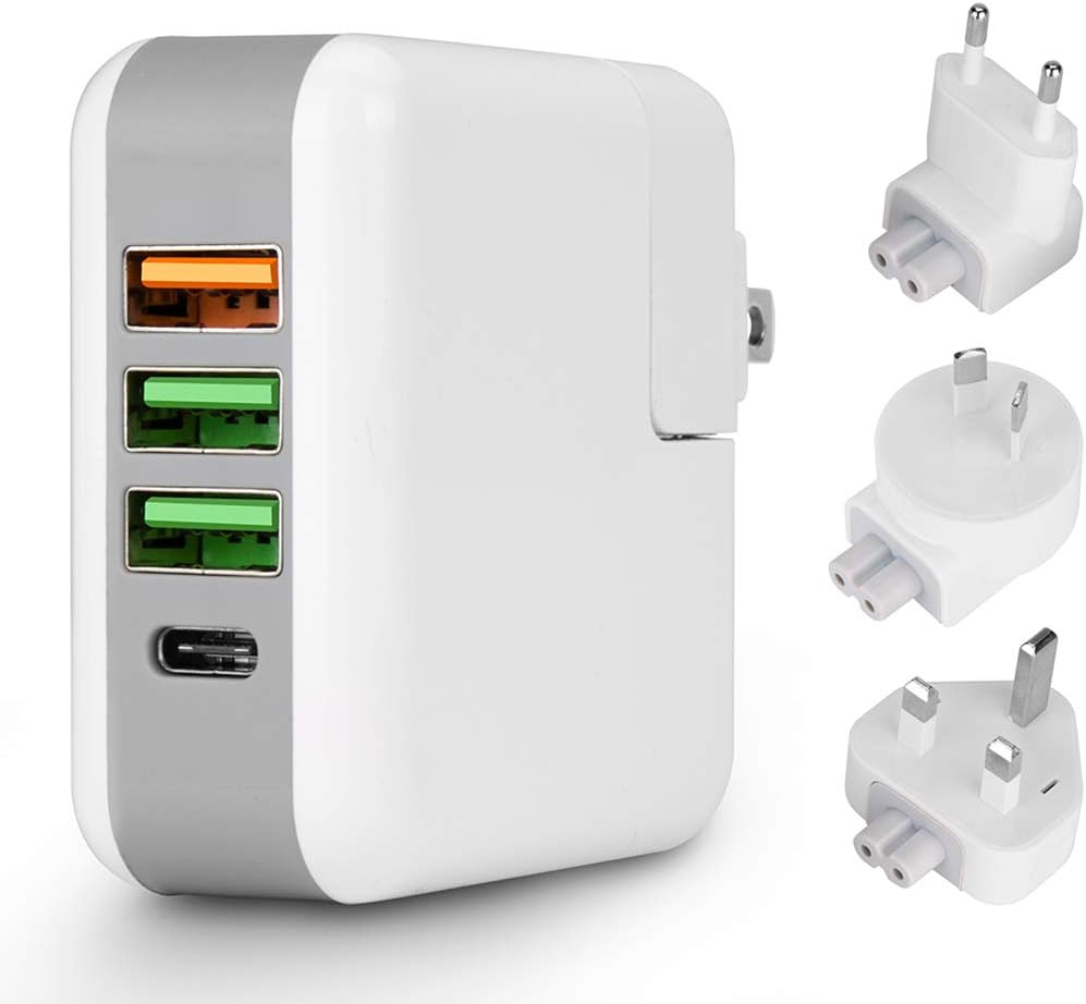 SUENANCY USB C PD Wall Charger Socket, Quick Charge 3.0 25W Travel USB Hub Charging Station with Replaceable US/UK/EU/AU Plug, Multi 4-Port USB Power Adapter for iPhone, Android, and More (White)