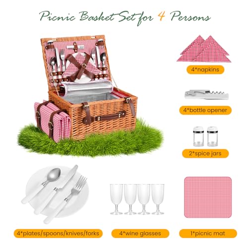 4 Person Picnic Basket, Wicker Picnic Set with Insulated Bag, Waterproof Picnic Blanket and Cutlery Set, Picnic Basket for Camping, Pink