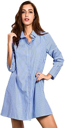 Azbro Women's Casual Blue White Stripe Shirt Dress