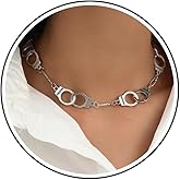 Zeshimb Punk Handcuffs Necklace Choker Silver Handcuffs Pendant Necklace Handcuff Link Chain Choker Necklaces Interlocking Handcuff Chain Collarbone Necklaces Statement Jewelry for Women