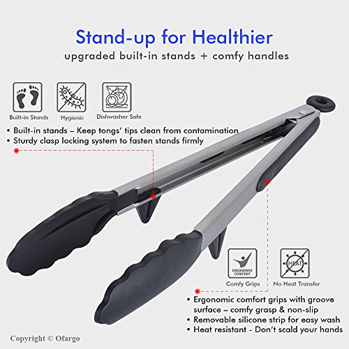 Kitchen Tongs, Ofargo Non-Stick Cooking Tongs Stainless Steel, Serving Gadgets with Heat Resistant Silicone Tips Stands Locking Clip Food-Grade for BBQ Grill Kitchen (9"+12" 2-Pack, Black)