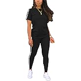 BNGPIKLY Women's 2 Piece Outfits Sweatsuit Summer Workout Striped Short Sleeve Long Sweatpants Casual Jogging Lounge Set