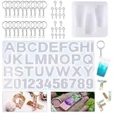 DOMIRE Resin Jewelry Casting Silicone Molds,DIY Craft Hand Making Molds Kit Including 1 Pack Number Alphabet Letter Shaped & 1 Pack Tumbler Mold & 20 Pieces Sliver Key Chain Rings Kit