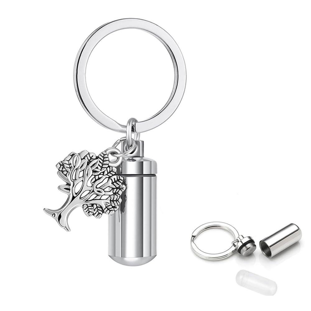 Wangzzniu Mini Urn Keychain Cylinder Memorial Ashes Holder Stainless Steel Tree of Life Keepsake Urn Key Chain Memorial Cremation Keyring Cremation Jewelry for Human Pet Ashes