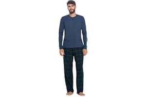 Ashford & Brooks Mens Flannel Pajamas Set, Jersey Cotton Long Sleeve Top & Plaid Pants Flannel Pjs Sets