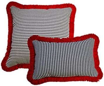 Set of 2 - Indoor / Outdoor 20"Square &amp; Rectangle / Lumbar Decorative Throw / Toss Pillows Black and White Houndstooth with Jocky Red Sunbrella Fringe - Zipper Cover &amp; Insert