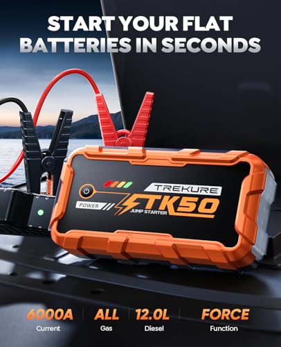TREKURE 6000A Booster Pack, 26800mAh Jump Starter for Car Battery, All Gas/12L Diesel Portable Car Battery Power Pack, Safe Jumper Cables with Fast Charge & LED Light
