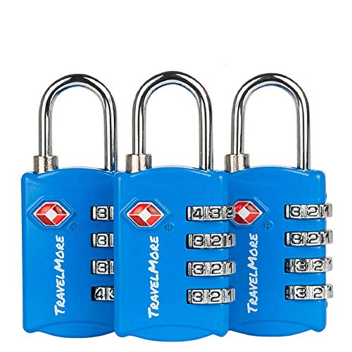 3 Pack TSA Luggage Locks with 4 Digit Combination - Heavy Duty Set Your Own Padlocks for Travel, Baggage, Suitcases & Backpacks - Blue