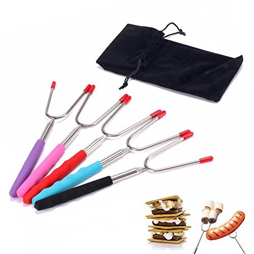 Set Of 5 Premium Marshmallow Roasting Sticks,Safe For Kids Extra Long 34’’ Telescoping Extendable Hot Dog Smores Forks - Fire Pit, Camping, Campfire, Bonfire & Outdoor Cookware Kit-Handy Bag