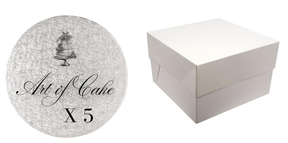 Art of Cake -Pack of 5, 6 inch Round 12mm thick cake board (drum board) and box -Pack of 5 silver, 6 inch round cake board and box