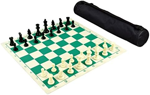 Standard 15" Travel Chess Set with Weighted Chess Pieces and Green Roll-up Vinyl Family Chess Board Game