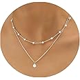 Gold Pearl Necklace for Women, 14K Gold Plated Layered Pearl Necklaces for Women Trendy Simple Herringbone Chain Pearl Necklace for Women Gold Jewelry Gifts