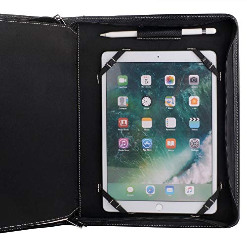 Black Leather Portfolio with Notepad Space for 10.5-inch / 11-inch iPad, Padfolio Case Business Zippered Organizer Document Folder with Letter Size Notepad Holder
