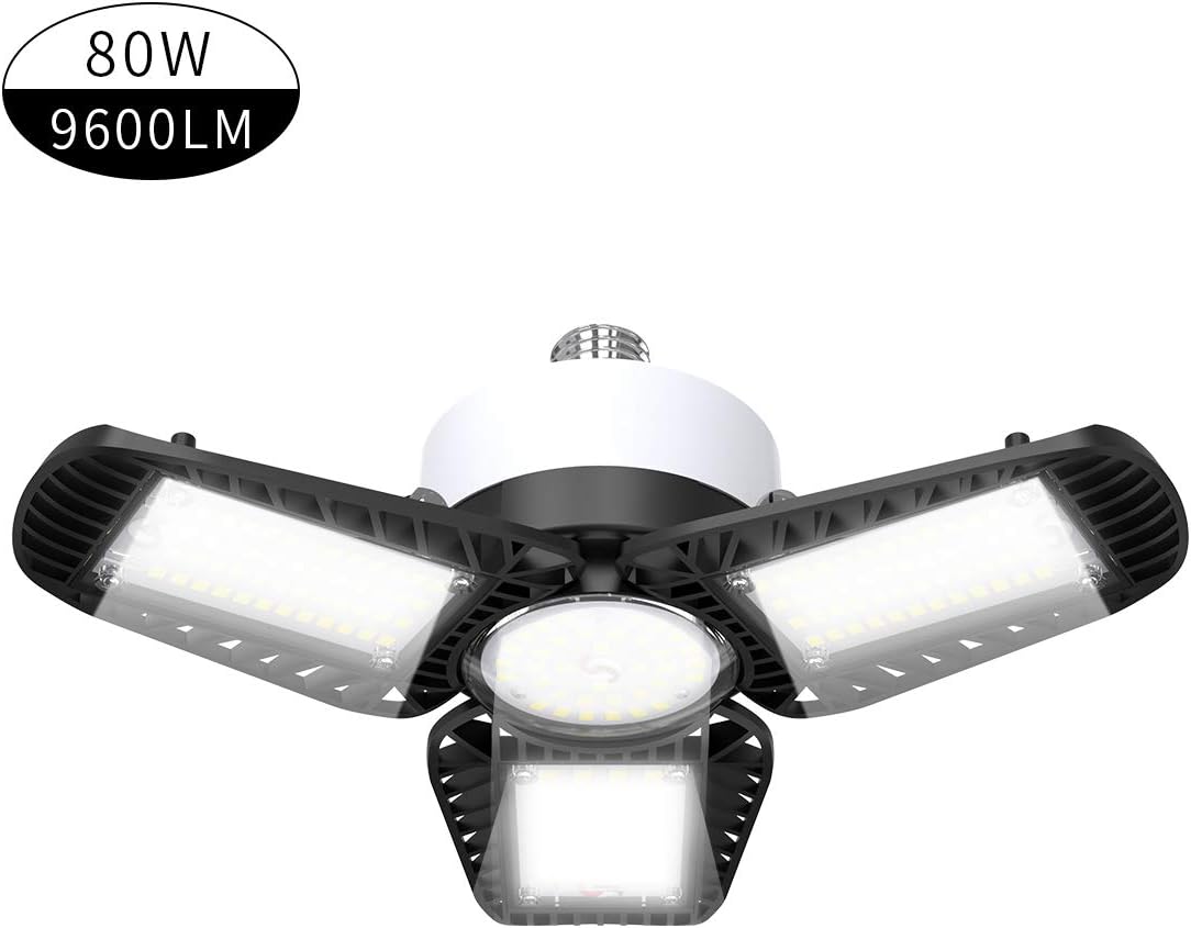 LED Garage Lights, 2-Pack 80W Garage Lights 9600LM 6000K E26 LED Garage Light Bulb, Deformable LED Garage Ceiling Lights with 3 Adjustable LED Panels Fits for Garage, Warehouse, Workshop and Basement. - - 