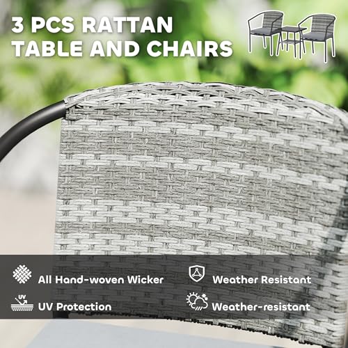 Outsunny 3 Piece Wicker Patio Furniture Set, PE Rattan Bistro Set with Armchairs, 2-Tier Glass-Top Table, Cushions, Outdoor Conversation Furniture for Porch, Balcony, Dark Grey