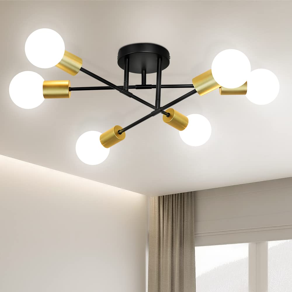 Depuley Vintage 6-Light Sputnik Ceiling Light, Black-Golden Metal Modern Chandelier, Industrial Edison Ceiling Light Fitting for Dining Room, Bedroom (No Bulbs)