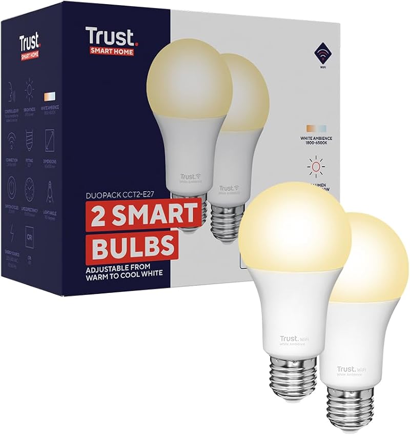 Trust WiFi E27 Smart Bulb 2 Pack, Dimmable, 1800K-6500K, Alexa/Google Home