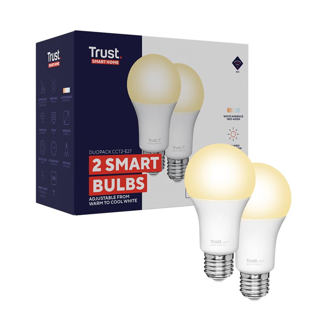 Trust WiFi E27 Smart Bulb, Dimmable LED Bulb, Works with Alexa and Google Home, No Hub, 2.4GHz WiFi Bulb, E27 Screw Bulb, Warm to Cool, White Ambience [Amazon Exclusive] - 2 Pack