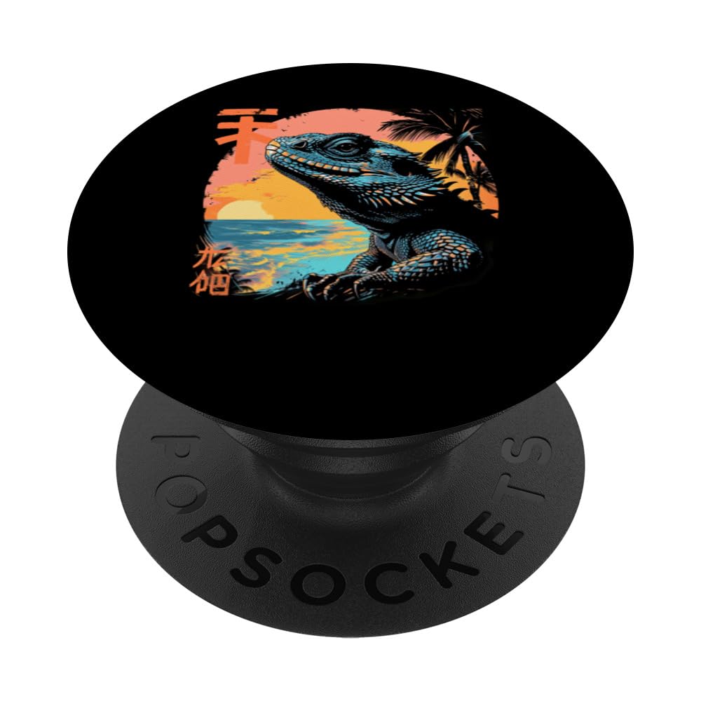 Bearded Dragon Tropical Beach Japanese Retro Kanji PopSockets Swappable PopGrip