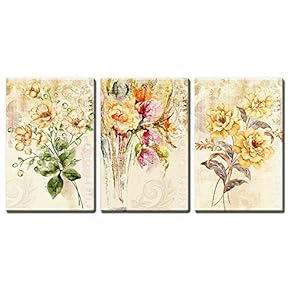 3 Panel Canvas Wall Art - Vintage Style Yellow Flowers - Giclee Print Gallery Wrap Modern Home Art Ready to Hang - 16"x24" x 3 Panels
