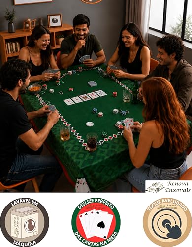 Toalha De Mesa Aveludada Para Jogar Baralho Estampa De Cartas Truco Carteado Tema Poker Serve Em Mesa Retangular Para 6 Lugares - 1,40 X 2,20 M - Renova Enxovais