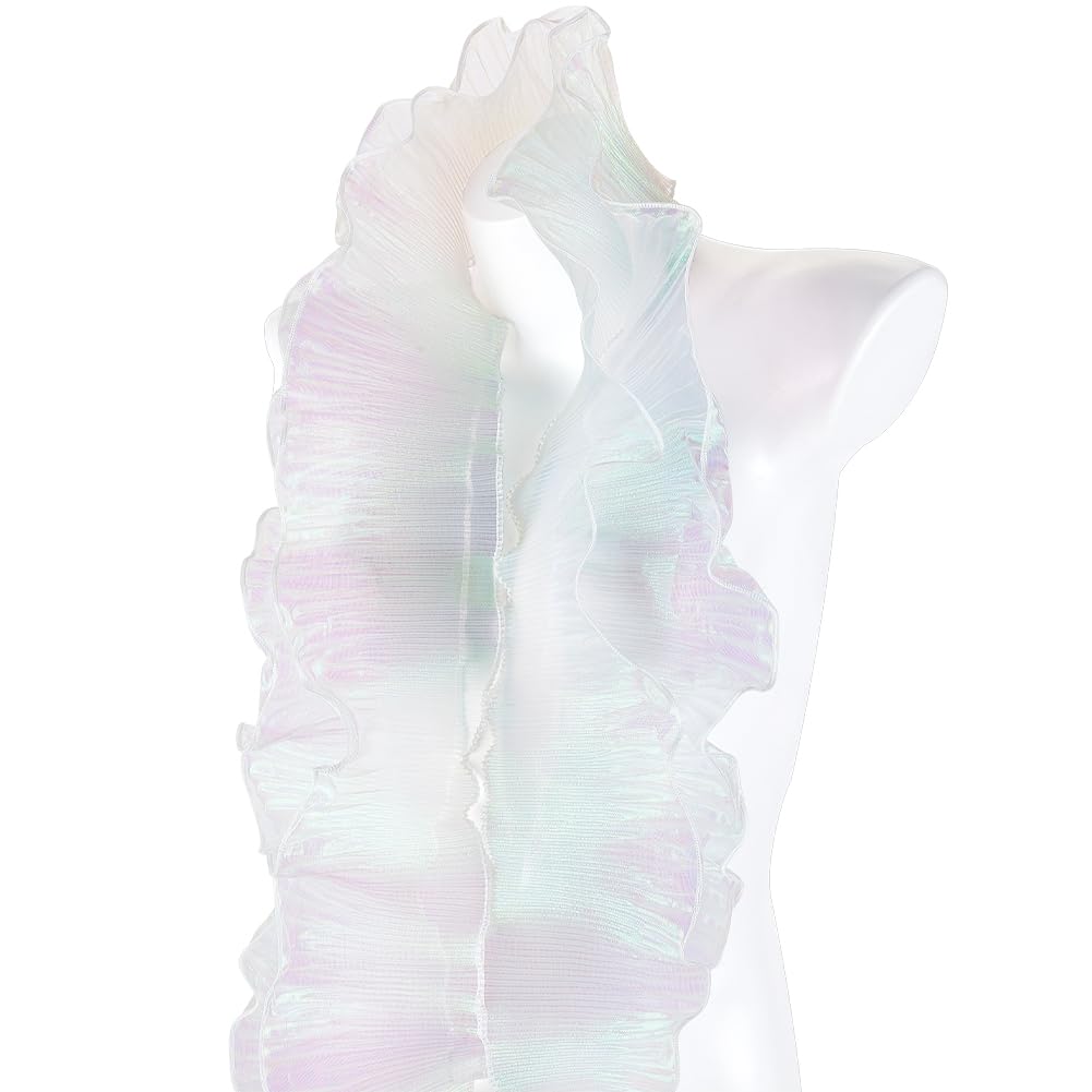 AHANDMAKER 10 Yards Retro Ruffle Pleated Chiffon Trim, Sewing Lace Trim Fabrics Tulle Fabric Ribbon for Applique Sewing Craft Wedding Dress Bag Costume Decor, Clear AB