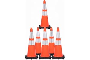 Traffic Kontrol 6 Pack 28" Inch Orange Traffic Safety Cones with Dual Reflective Collars - High Visibility Industrial Pylons 