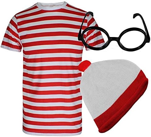 MENS BOYS LADIES WHERES WALLY RED AND WHITE STRIPED T SHIRT TSHIRT TOP FANCY DRESS OUTFIT
