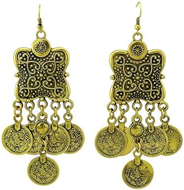 TianBo Vintage Tibetan Gold Round Coin Beach Bohemian Ethnic Jewelry Belly Dance Accessory Dangle Drop Hook Earrings (Rq71）
