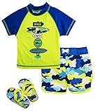 Wippette Baby Boys Pop Camo with Shark Rash Guard Swim Short Set with Flip Flops