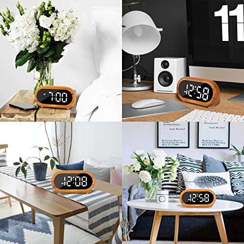 USCCE Home Small Digital Alarm Clock - 0-100% Dimmer, Easy to Set, Adjustable Alarm Volume with 5 Alarm Sounds, USB Charger, Snooze, 12/24Hr, Compact Clock for Bedrooms, Bedside, Desk(Wood Grain) - Thumbnail 5