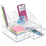 mDesign Office Supplies Desk Organizer for Scissors, Pens, Markers, Highlighters, Tape - 2 Drawers, Clear