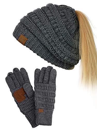 C.C BeanieTail Messy High Bun Cable Knit Beanie and Anti-Slip Touchscreen Gloves Set, Dark Melange Gray Metallic