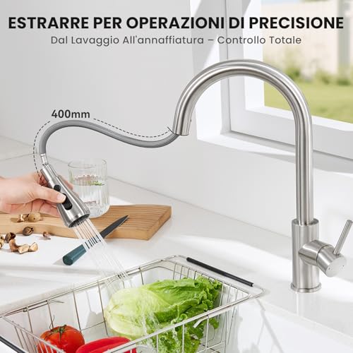 CECIPA Kitchen Sink Tap with 2 Types of Modes, Kitchen Mixer with Pull-Out Shower 40 cm, Stainless Steel Tap with Pull-Out Shower, 360° Swivel Mixer Tap