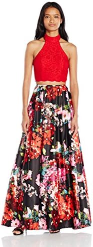 Blondie Nites Junior's Long Two Piece Lace Print Ballgown, Red/Multi, 9