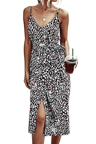 Womens Sexy V-Neck Spaghetti Strap Leopard Print Split Midi Dress - Main Image