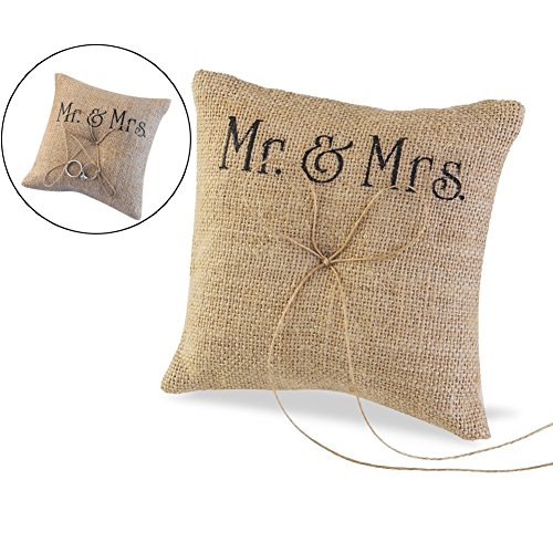 Adeeing Burlap Ring Bearer Pillow, Small, 6 x 6 Inch - Thumbnail 4