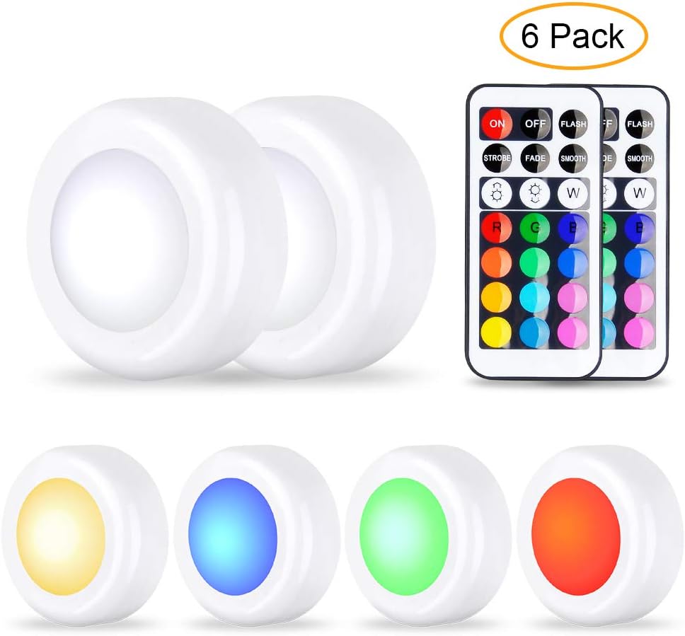 Dimmable Under Cabinet Lighting,RGB LED Kitchen Lighting Puck Lights with 2 Controller,4 Lighting Modes,Battery Powered Cupboard Lights for Closet/Wardrobe/Drawer/Counter/Workshop Lighting(6 Pack) [Energy Class A+++]