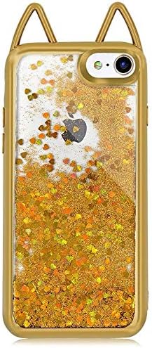 for iPhone 8 Case, for iPhone 7 Case, Yousorld 3D Sparkle Shiny Cat Ears Bling Glitter Soft Silicone Case with Liquid Love Heart Floating Soft Plating Transparent TPU Design (Gold)