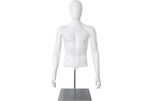 SHAREWIN Male Mannequin with Metal Stand Adjustable Plastic Half Body Display Mannequin Head, for Retail Clothing Shops (White)