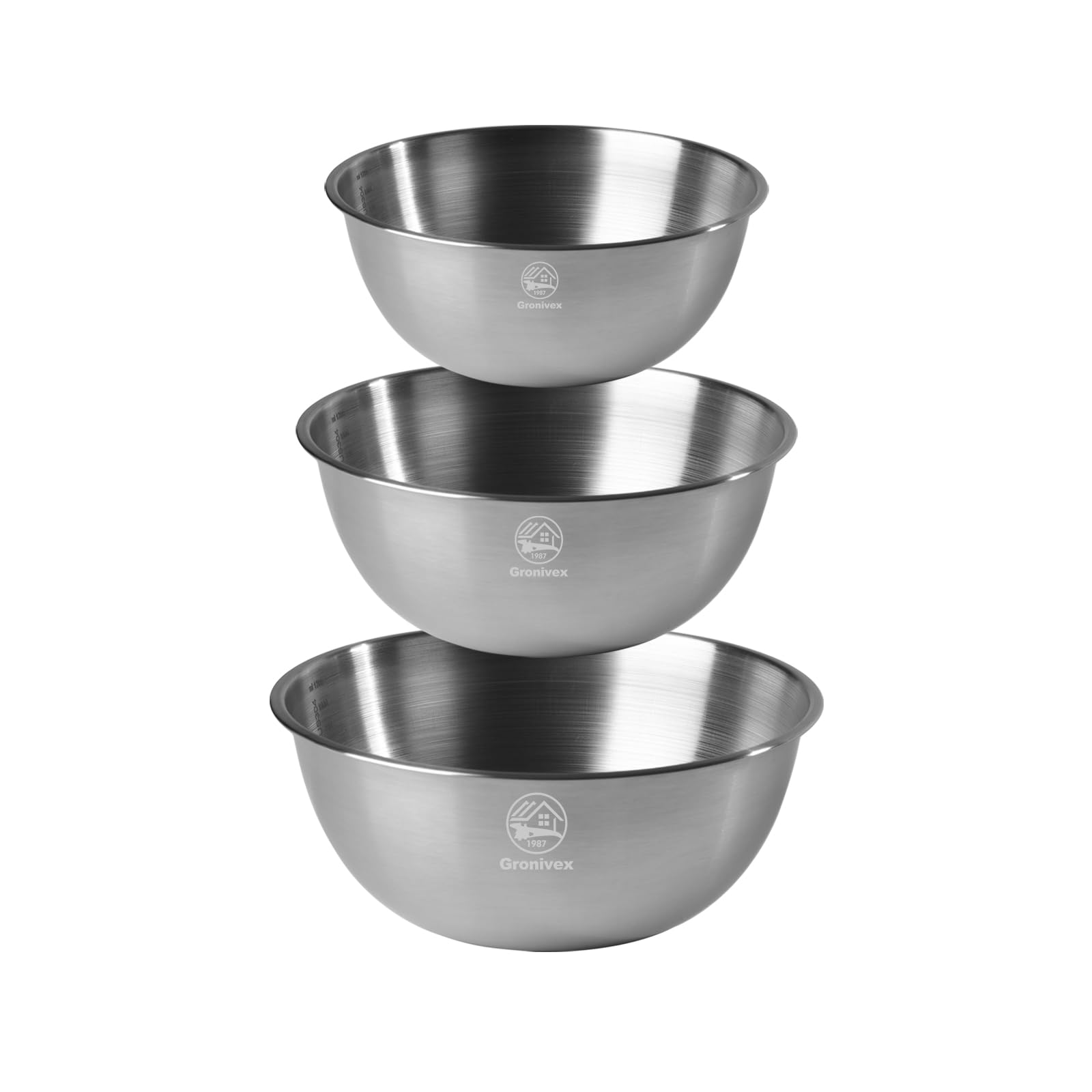 Photo 1 of 3-Piece Stainless Steel Mixing Bowls Set (6.69" 7.48" 8.27" inch) - Food Grade 304 with Measurement Marks, Dishwasher Safe & Stackable - Perfect for Baking, Salad Making, Meal Prep and Kitchen Use