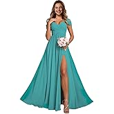 FoinLuve Off Shoulder Chiffon Bridesmaid Dresses for Women Long Ruched with Slit A Line Prom Formal Evening Dress