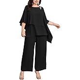 Hanna Nikole Plus Size Mother of Bride Pant Suits 2 Piece Chiffon Sets Ruffle Layers Wedding Guest Outfit