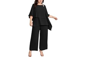 Hanna Nikole Plus Size Mother of Bride Pant Suits 2 Piece Chiffon Sets Ruffle Layers Wedding Guest Outfit