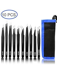 ryhampaper pinzas 10 piezas Precisión ESD Antiestáticas Pinzas de acero inoxidable para electrónica, joyería, trabajo de laboratorio, pasatiempos, con bolsa de almacenamiento