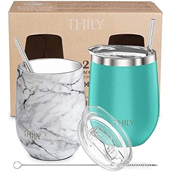 Stainless Steel Stemless Wine Glasses - THILY 12 oz Vacuum Insulated Wine Tumbler with Lids and Straws, Reusable, BPA Free, Keep Cold & Hot for Drinks, Coffee, Cocktails, 2 Pack(Teal + Marble)