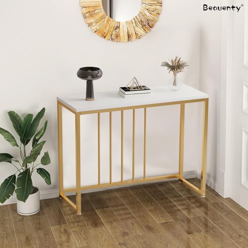 Beauenty Console Table for Entryway, 100cm Entryway Table with Golden Frame, Narrow Long Sofa Side Table,TV Cabinet, Hallway Table for Bedroom, Living Room, Foyer (Gold & White)
