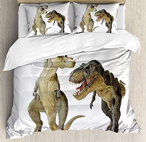 YANAN Dinosaur Duvet Cover Set Queen Size, Tyrannosaurus Rex Pair Facing Off Ferocious Creatures Prehistoric Predators, Decorative 3 Piece Bedding Set with 2 Pillow Shams, Ivory Brown Grey