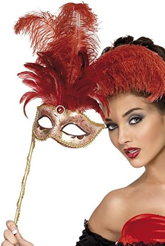 Smiffys Baroque Fantasy Eyemask, Red with Feathers and Handle, Eyemasks Fancy Dress, Adult Dress Up Eye masks